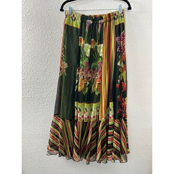 Anu By Natural Maxi Skirt Sz L Black Green Red Floral Stripe Boho Hippie Peasant - Picture 8 of 9